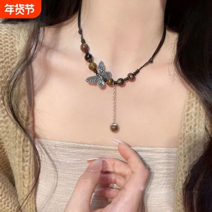 2025款创新复古陶瓷蝴蝶项链百搭简约锁骨链长款抽绳颈链