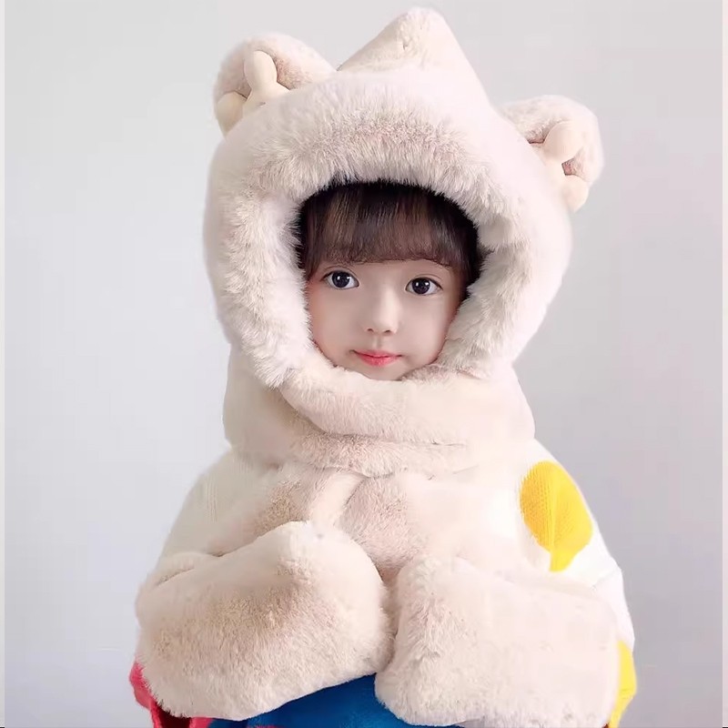 可爱加绒儿童帽子围巾手套三件套冬季加绒加厚女童一体帽防风帽