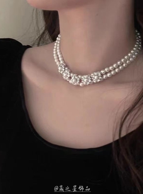 古堡公主感法式双层珍珠锆石项链轻奢高级感小众复古锁骨链白色
