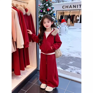女童冬装加绒红色两件套韩版洋气2026新款中大童保暖套装拜年服