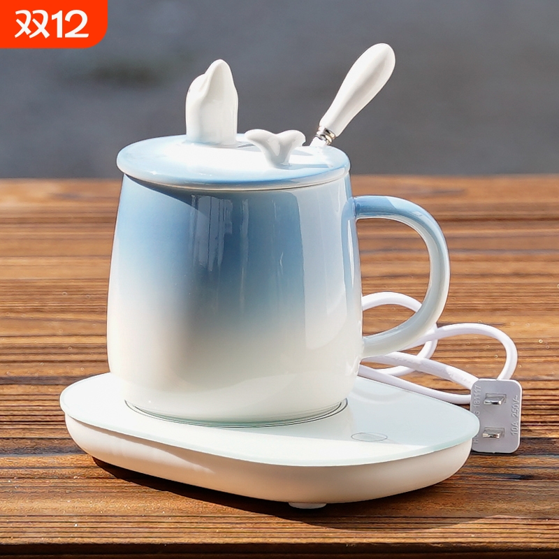 海豚ins风杯子女陶瓷马克杯带盖带勺子可加热恒温暖暖杯釉下彩