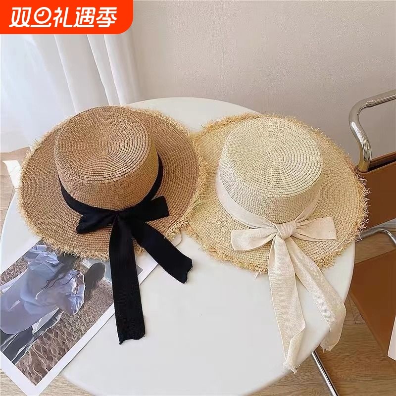 百搭毛边草帽女夏天平顶度假出游草编太阳帽蝴蝶结遮阳沙滩帽大檐