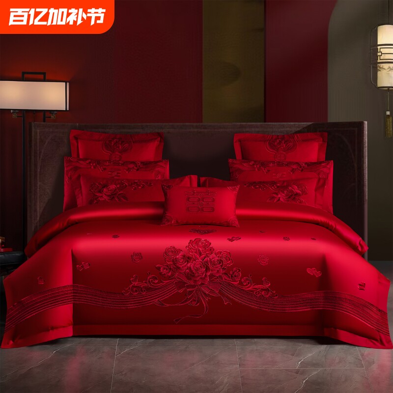 高档婚庆四件套大红龙凤刺绣新婚嫁礼房结婚床上用品喜庆被单床笠