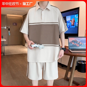 潮牌拼色短袖夏季套装男新款青少年宽松休闲运动t恤短裤两件套