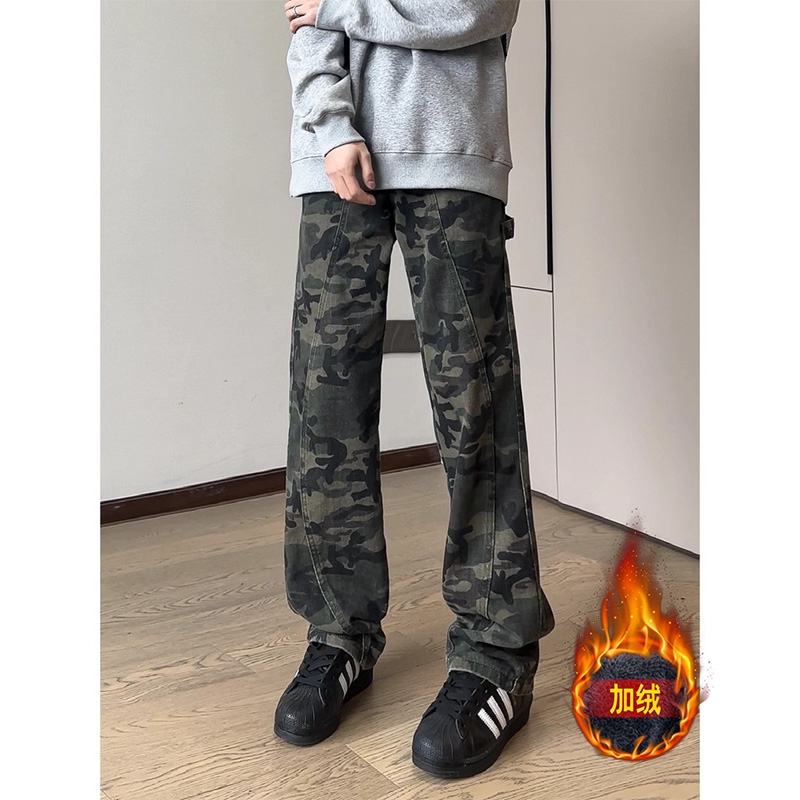 美式户外迷彩工装裤男款秋冬加绒高街复古伐木裤子直筒vibe牛仔裤