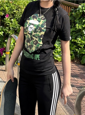 潮牌APE短袖t恤纯棉重磅高版本SHARK APE猿人迷彩滑板运动上衣夏
