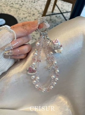 可爱少女粉色闪钻木马kitty猫串珠手机链手机挂件ccd相机挂件新款