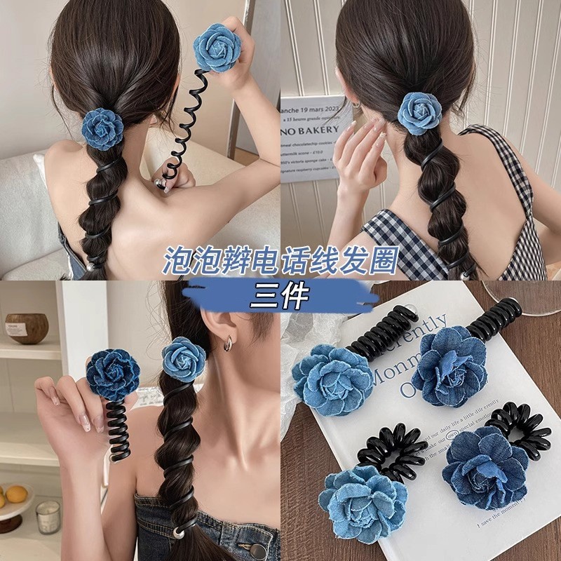 蓝色花朵泡泡辫头绳女扎马尾编发无痕电话线发圈皮筋发绳头饰