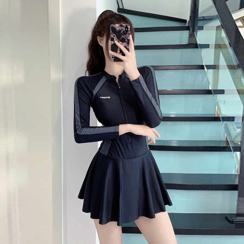 英发款泳衣女款运动连体拼接温泉泳装保守显瘦连衣裙式简约修身度