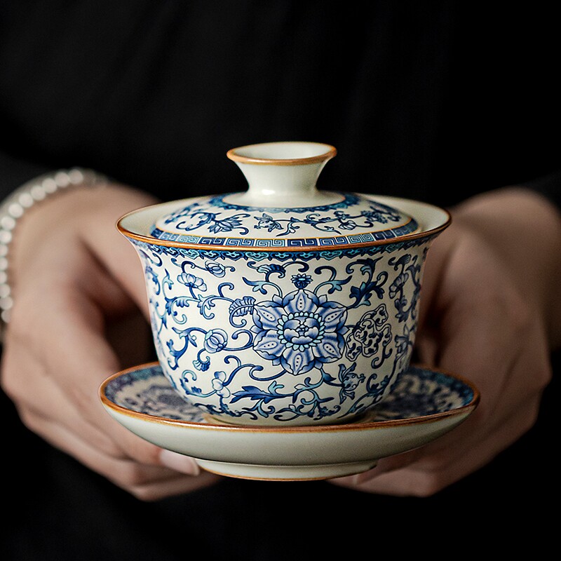 唐丰青花汝窑三才盖碗茶杯单个高档功夫茶具泡茶碗三件套2026新款