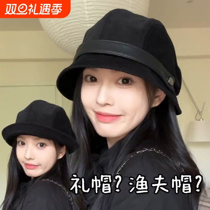 帽子女2025新款秋冬灯芯绒渔夫帽黑色盆帽大头围显脸小贝雷帽咖色