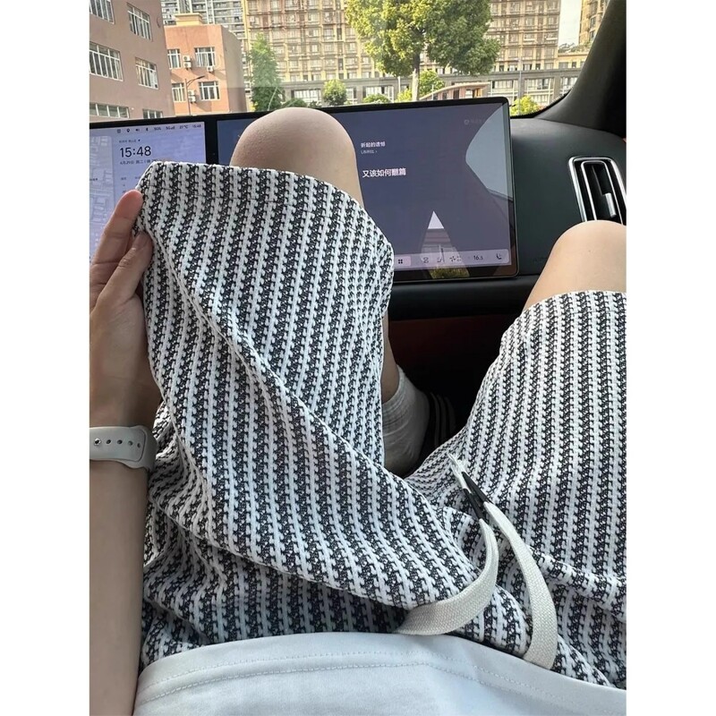 针织条纹短裤男款夏季外穿宽松中裤潮牌复古休闲五分裤白色时尚