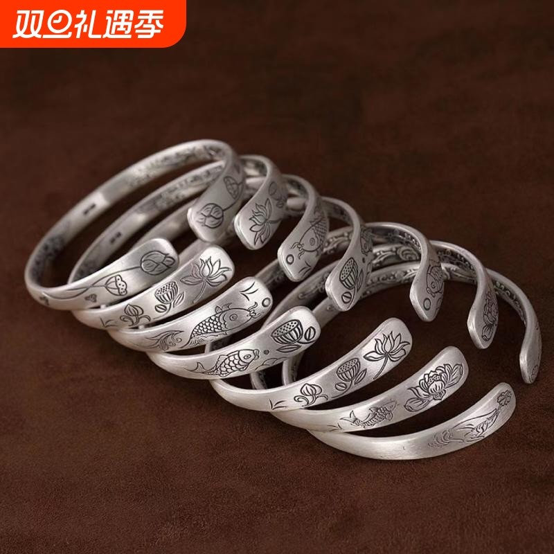 镀999足银莲花鱼禅意手镯送妈妈老人开口纯银复古做旧佛系银镯子