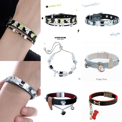 敲可爱!黑猫青苹果手链新款原创小众设计甜酷皮革手环手镯猫咪