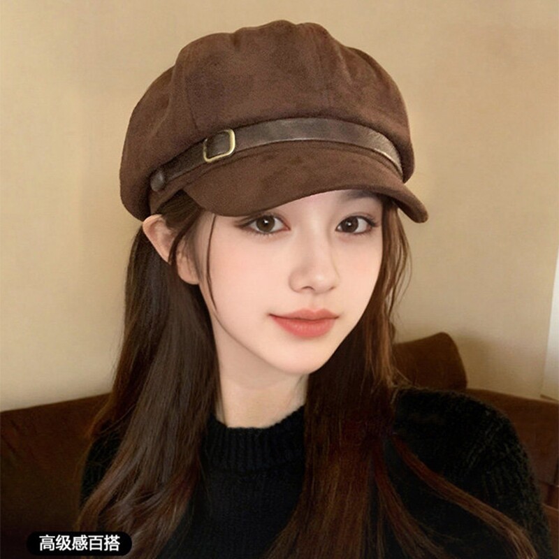 复古麂皮绒贝雷帽女冬季新款洋气鸭舌帽显脸小八角帽子保暖画家帽