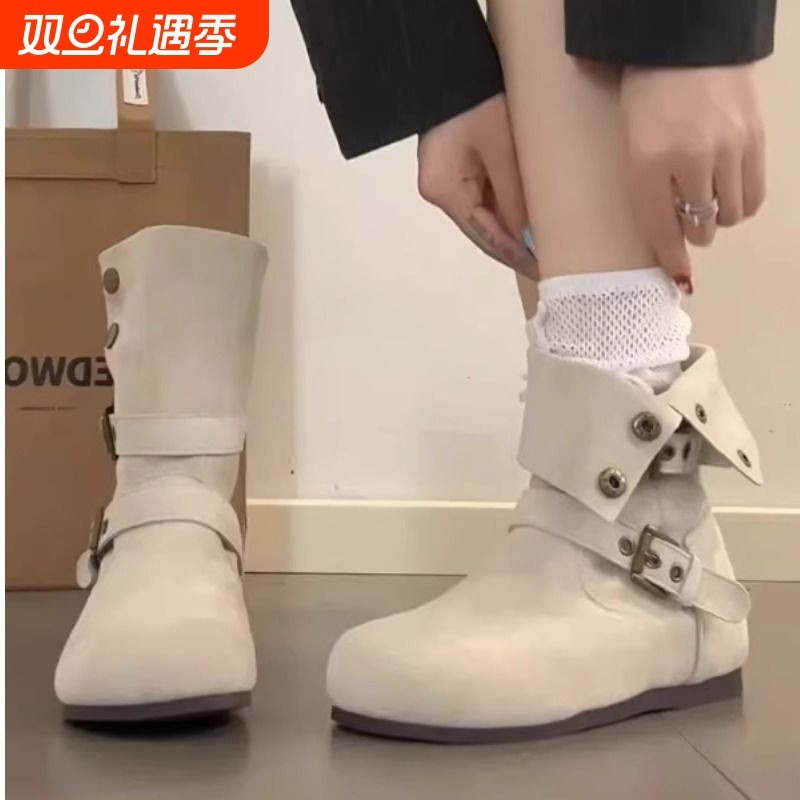 厚底短靴西部牛仔时装靴女2025秋冬新款内增高中筒马丁靴白色短筒