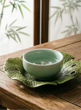 新中式荷叶虫咬杯垫锌合金青铜色家具装饰摆件装饰品杯垫