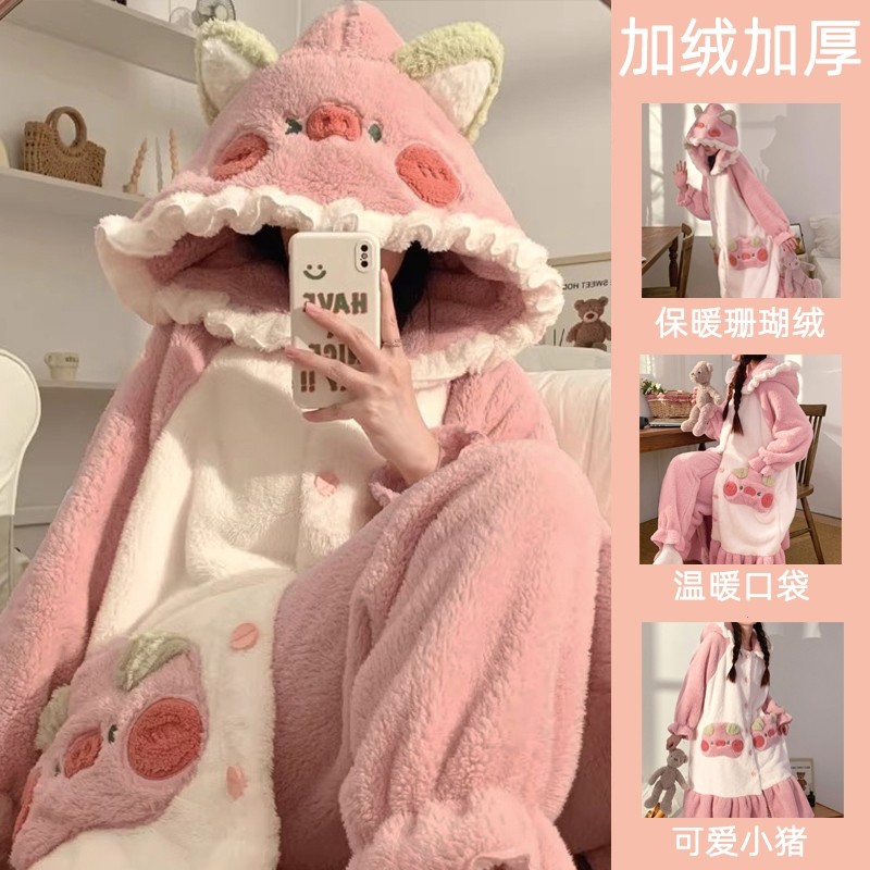 珊瑚绒睡衣女款2025冬季高级感加厚男士情侣巨好看小猪睡袍家居服