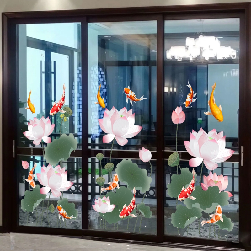 锦鲤莲花贴画厨房推拉玻璃门