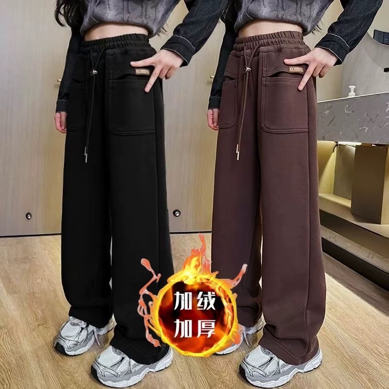 女童裤子秋冬加绒款儿童阔腿裤直筒裤女宝秋款长裤潮范卫裤女童裤