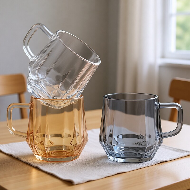 ins风咖啡杯高级感六角杯客厅泡茶杯带把手玻璃水杯单层手柄透明