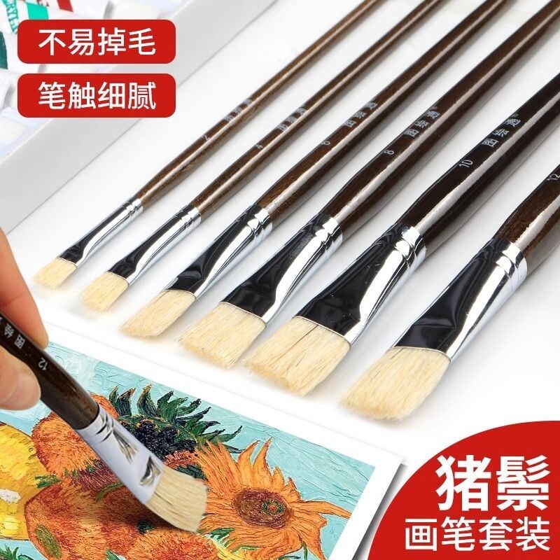 初学者专用猪鬃毛油画笔美术生儿童绘画单支水粉笔平峰圆峰排笔猪毛扇形笔硬毛笔丙烯颜料画笔专业刷子丙烯画