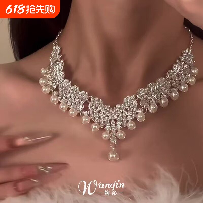繁星璀璨法式复古仿珍珠流苏项链公主超闪锁骨链配礼服多层银色