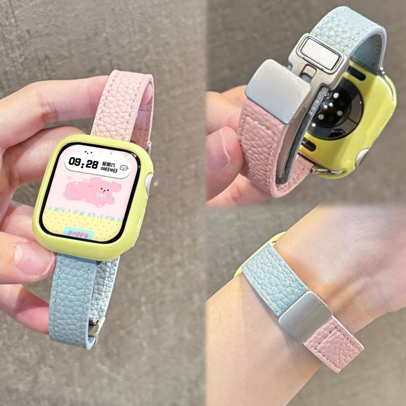 适用苹果S11表带荔枝纹iWatch10轻奢秋冬拼色皮质9/8男女折叠磁吸扣7运动智能6/5/4配件腕带ultra3/2/1