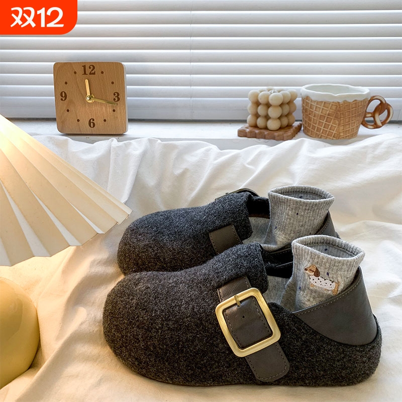 软底灰色勃肯鞋女2025秋冬新款厚底两穿加绒包头半拖鞋内增高呢子