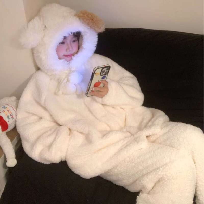 珊瑚绒睡衣女冬季加绒加厚睡袍长裤家居服大码套装可外穿毛绒外出
