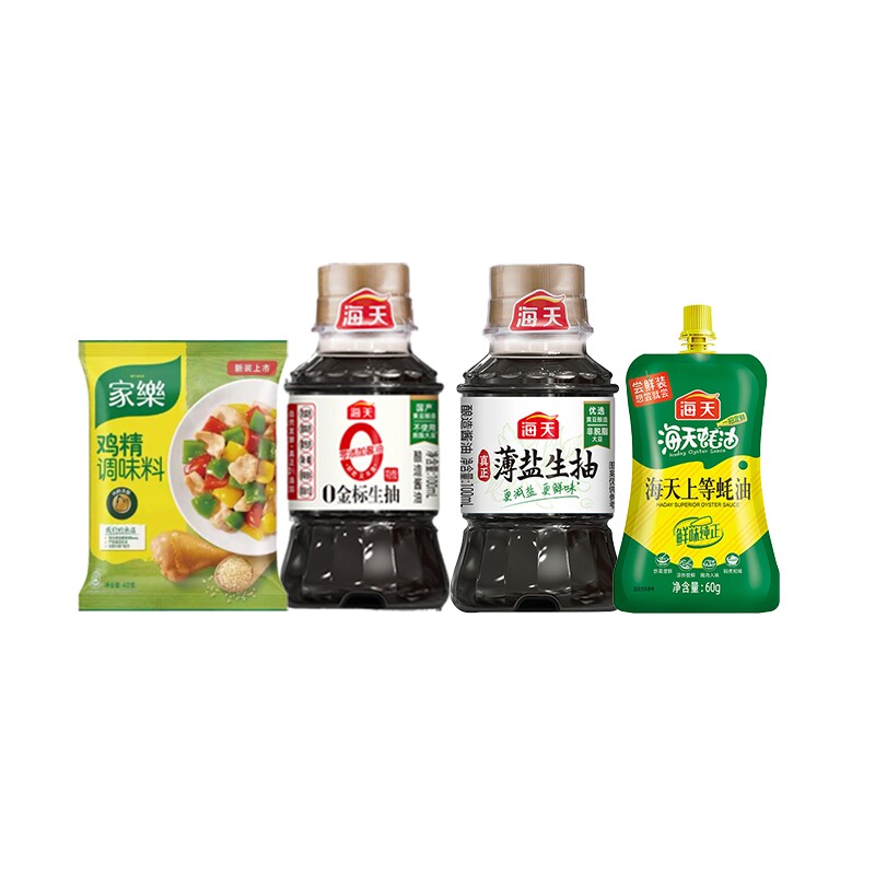 海天上等蚝油60g+薄盐生抽100mL+0金标生抽100ml+家乐鸡精40克图片