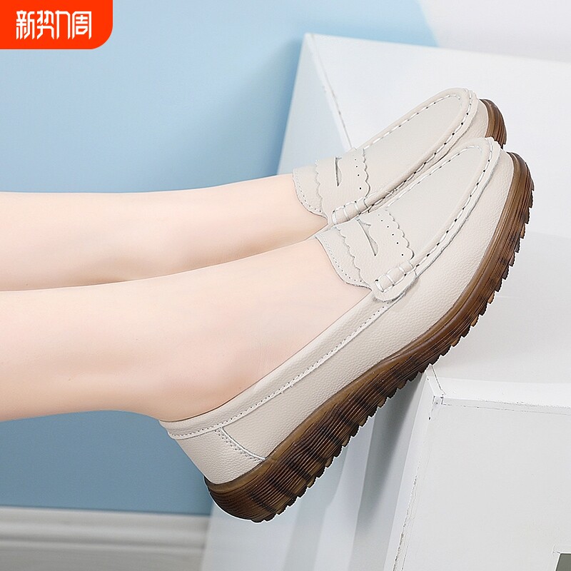 蜘蛛王妈妈鞋春秋皮鞋休闲牛筋底女鞋中老年舒适防滑软底一脚蹬豆