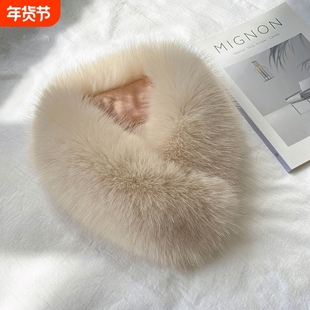 韩版狐狸毛围巾女秋冬百搭仿皮草毛领围脖磁铁吸扣毛毛奶茶色磁扣