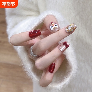 秋冬感手工穿戴甲2025新款高级感短款醒狮轻奢美甲烟花中长款红色