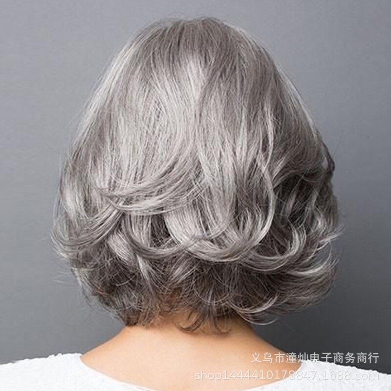 外贸欧美假发中老年人短卷发银灰色短发蓬松逼真中分假发套现货图片