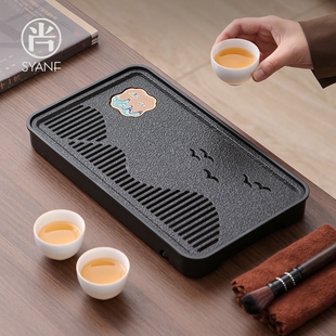 茶盘家用小型茶托盘办公室乌金石功夫茶具干泡茶海茶台排水长方形