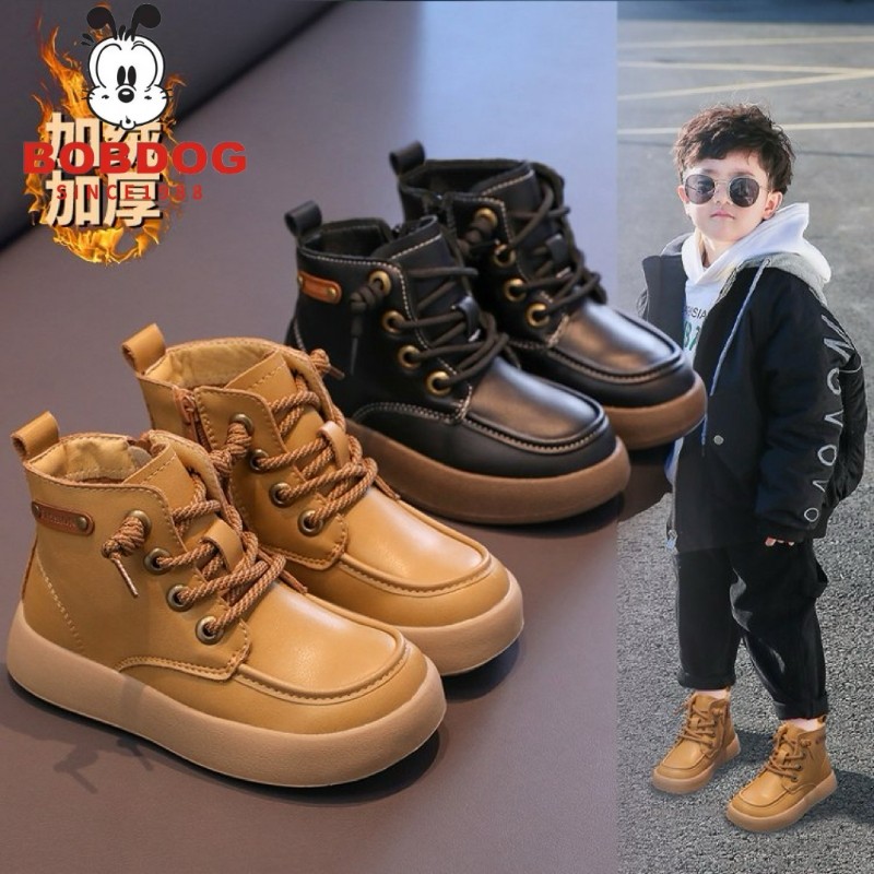 巴布豆真皮男童棉鞋2025年秋冬季新款加绒防水马丁靴二棉短靴子潮