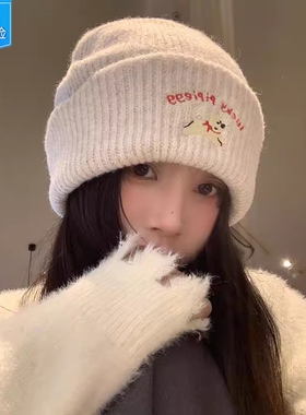 针织毛线帽女加厚保暖秋冬显脸小包头帽冷帽冬季滑雪登山白色旅游