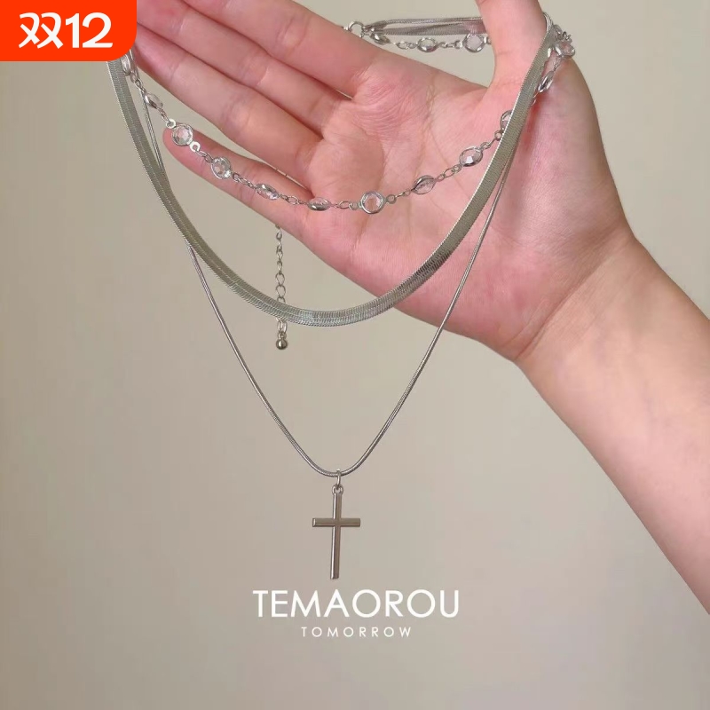 欧美风十字架项链多层叠戴蛇骨链小众高级感个性气质锁骨链颈链女