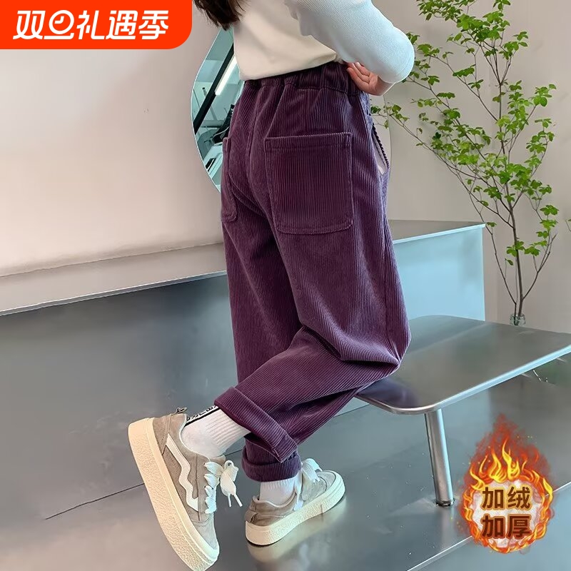 女童加绒裤子秋冬款2025新款儿童灯芯绒冬季加厚直筒裤红色牛仔