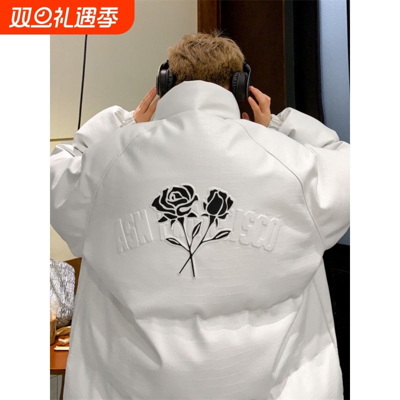 户外2024新款冬季高品质鳄鱼皮羽绒服面包服港风保暖外套黑色白色