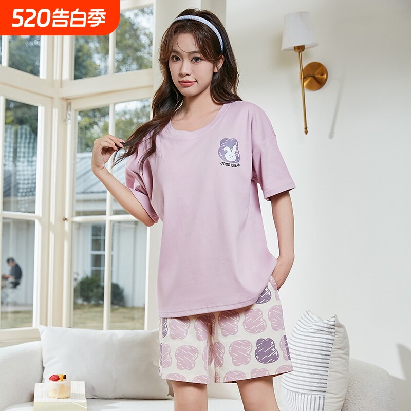 女睡衣夏季可外穿卡通印花短袖短裤大码宽松薄款一体式家居服套装