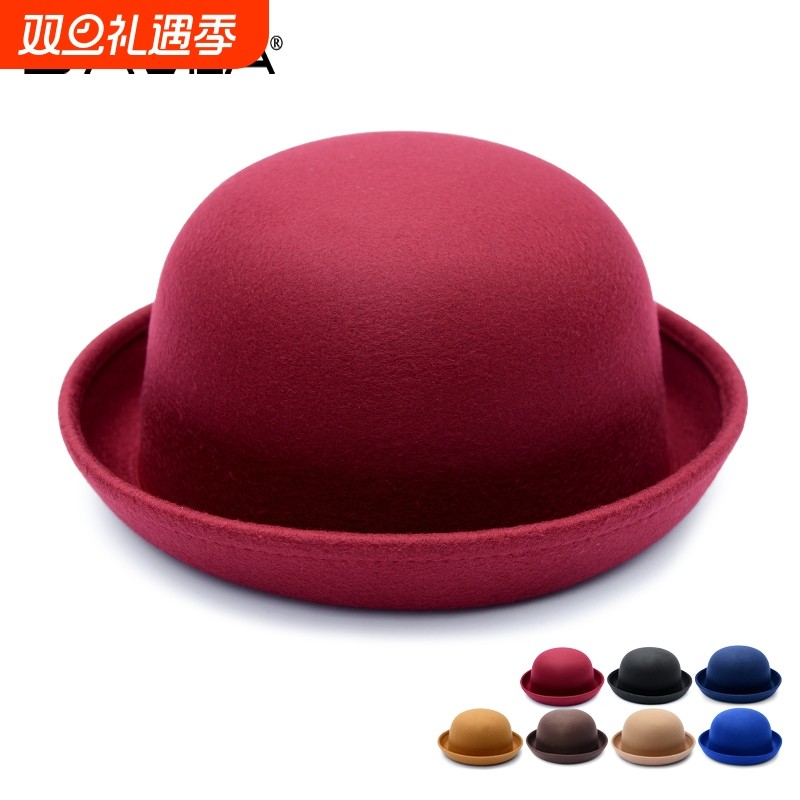 帽子女英伦礼帽潮春秋冬季圆顶卷边爵士帽情侣帽毛呢黑色红色蓝色