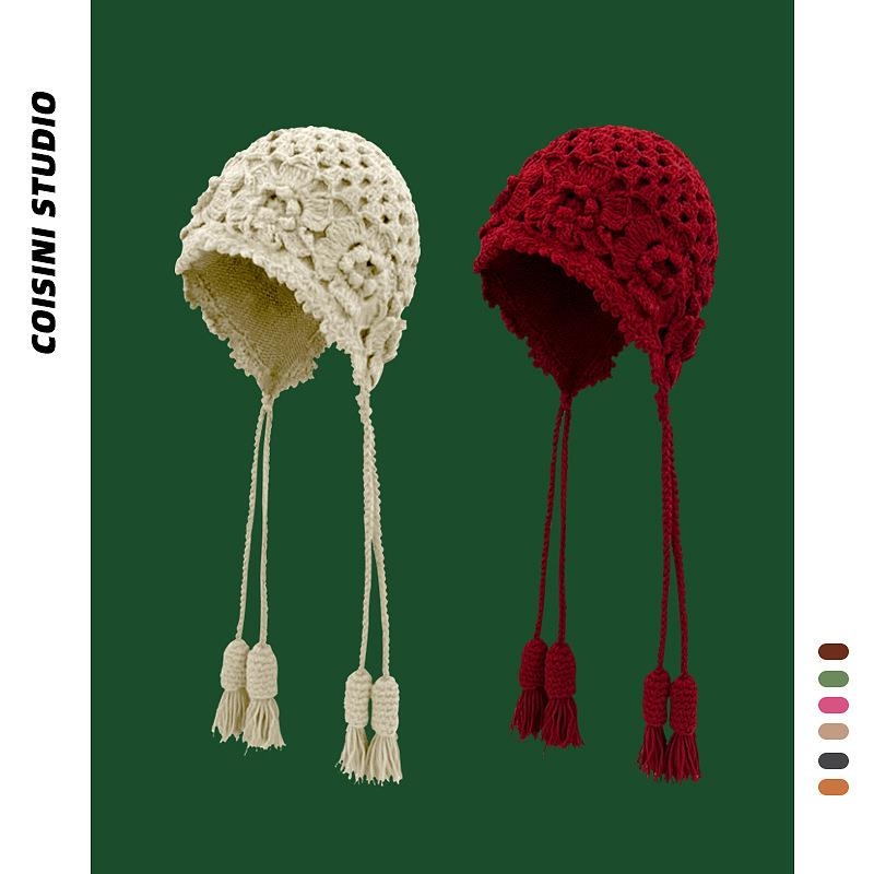 2025新款花朵手工编织双层辫子毛线帽子女秋冬保暖百搭针织护耳帽