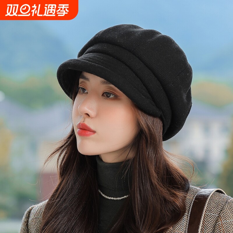 八角帽子女秋冬季加厚保暖护耳贝雷帽时尚百搭显脸小卷边咖色黑色