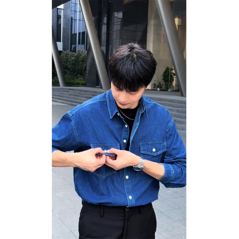 韩版水洗做旧牛仔衬衫男装春季韩系宽松高级感长袖工装衬衣外套潮