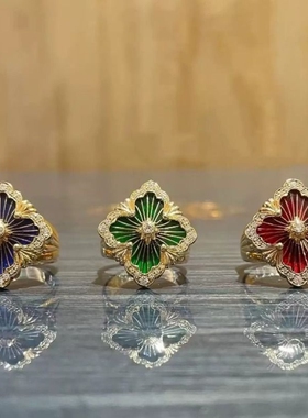 法式复古四叶草戒指金边浮雕红色珐琅指环气质小众百搭轻奢饰品