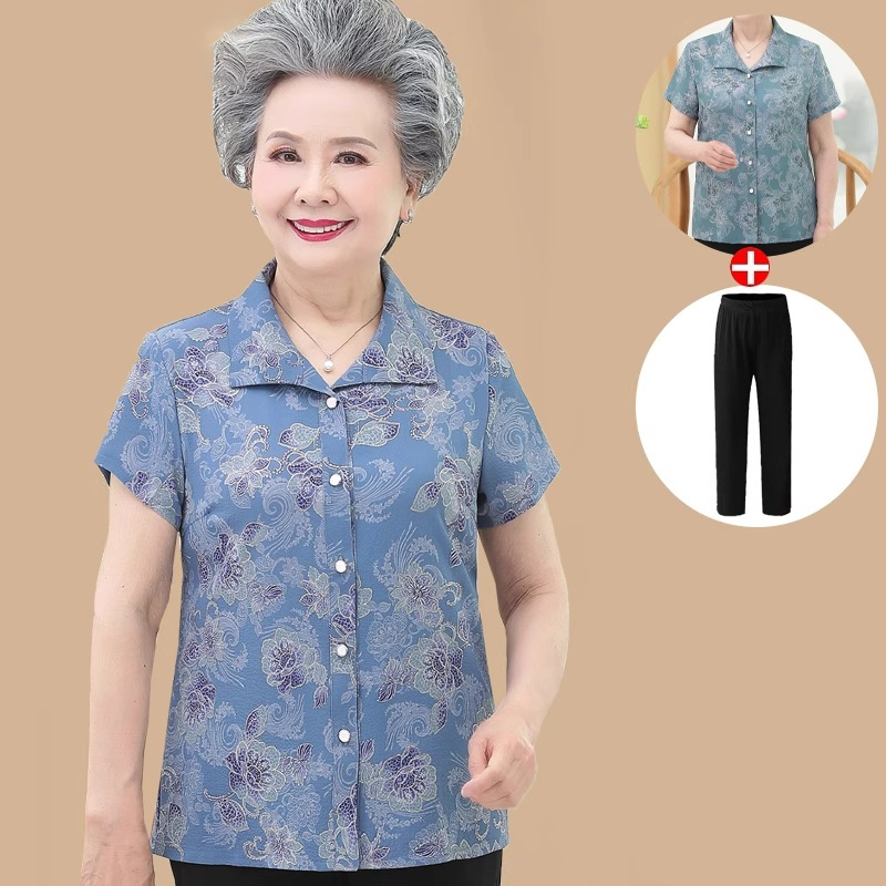 老年人夏装女衬衫奶奶装套装老太太夏季短袖70岁80妈妈开衫上衣服