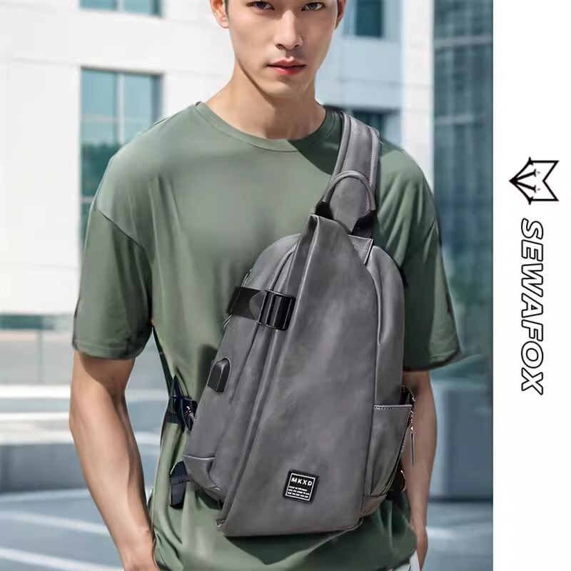 皮质胸包男款潮牌男士斜挎包机车斜肩包单肩包男包通勤设计感小众