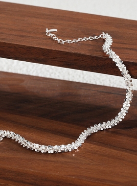 s925纯银满天星手链女裸链超闪波光粼粼简约高亮银加粗款小众爆款